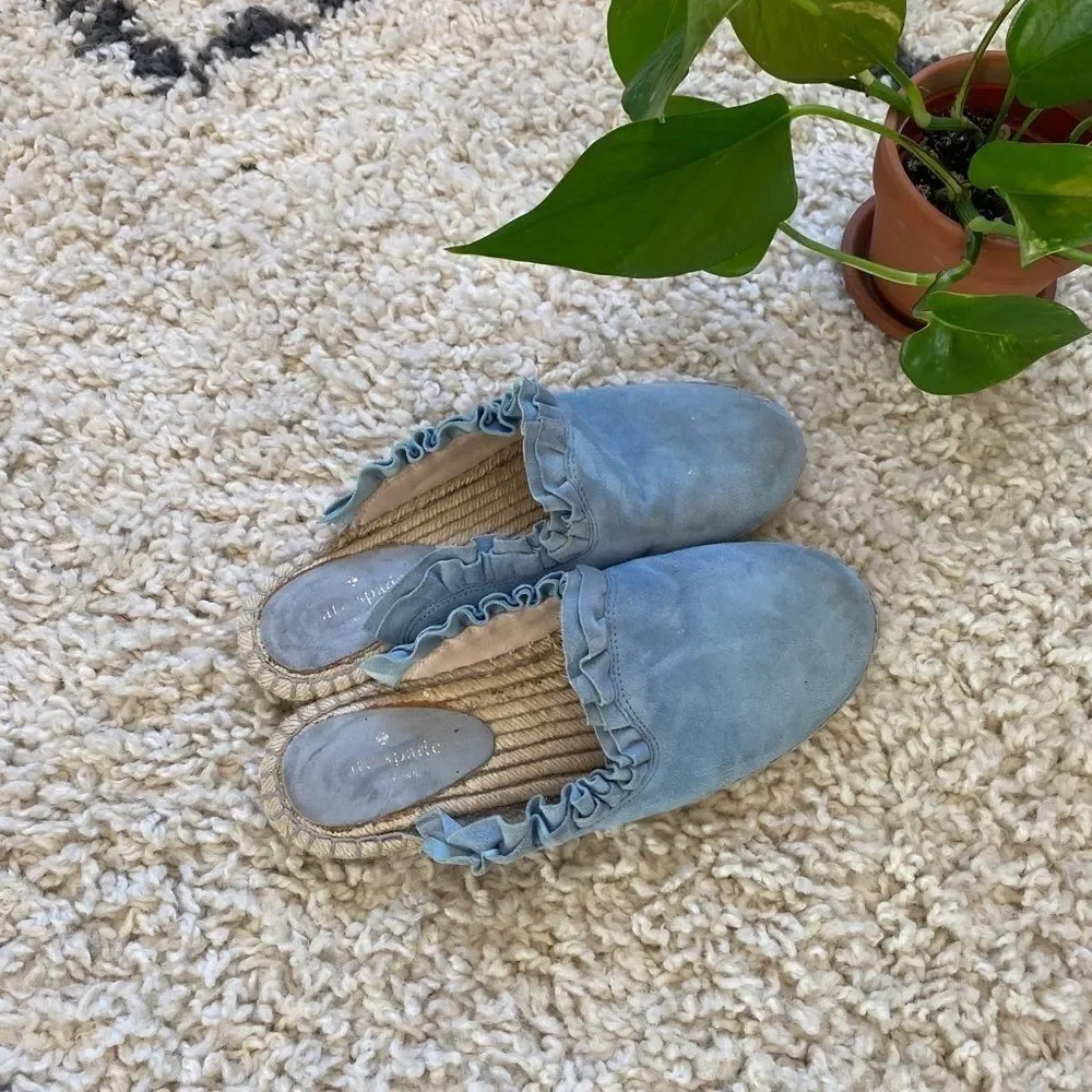 Kate Spade Ruffle Suede Blue Mules 9 - Picture 5 of 7